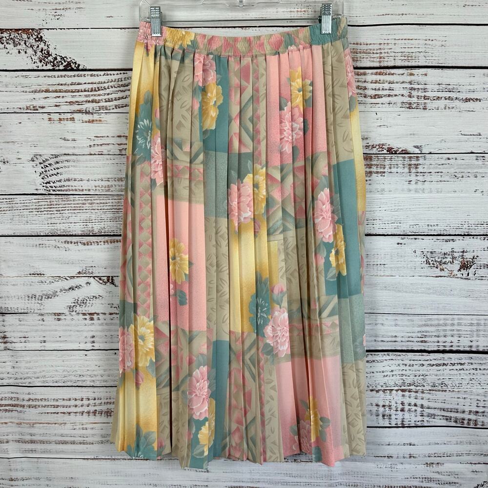 Womens VTG Alfred Dunner Pleated Cottagecore Pastel Floral Pull On Midi Skirt 12